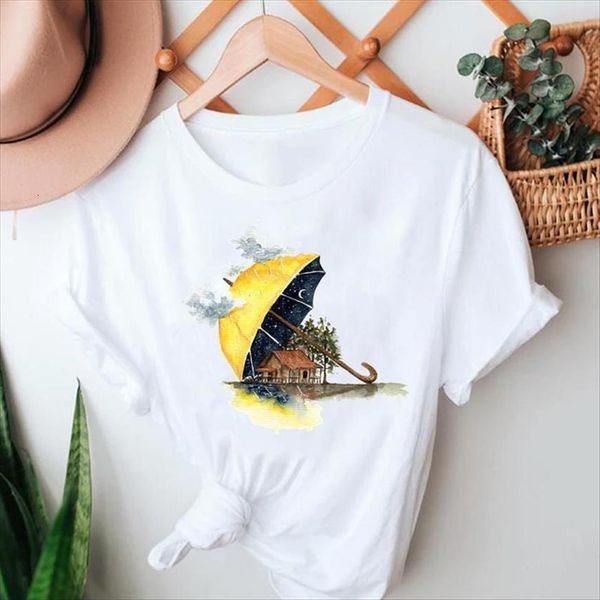 summer tshirts watercolor beach style women t shirt fashion short sleeve 90s clothes graphic lady print female tee, White